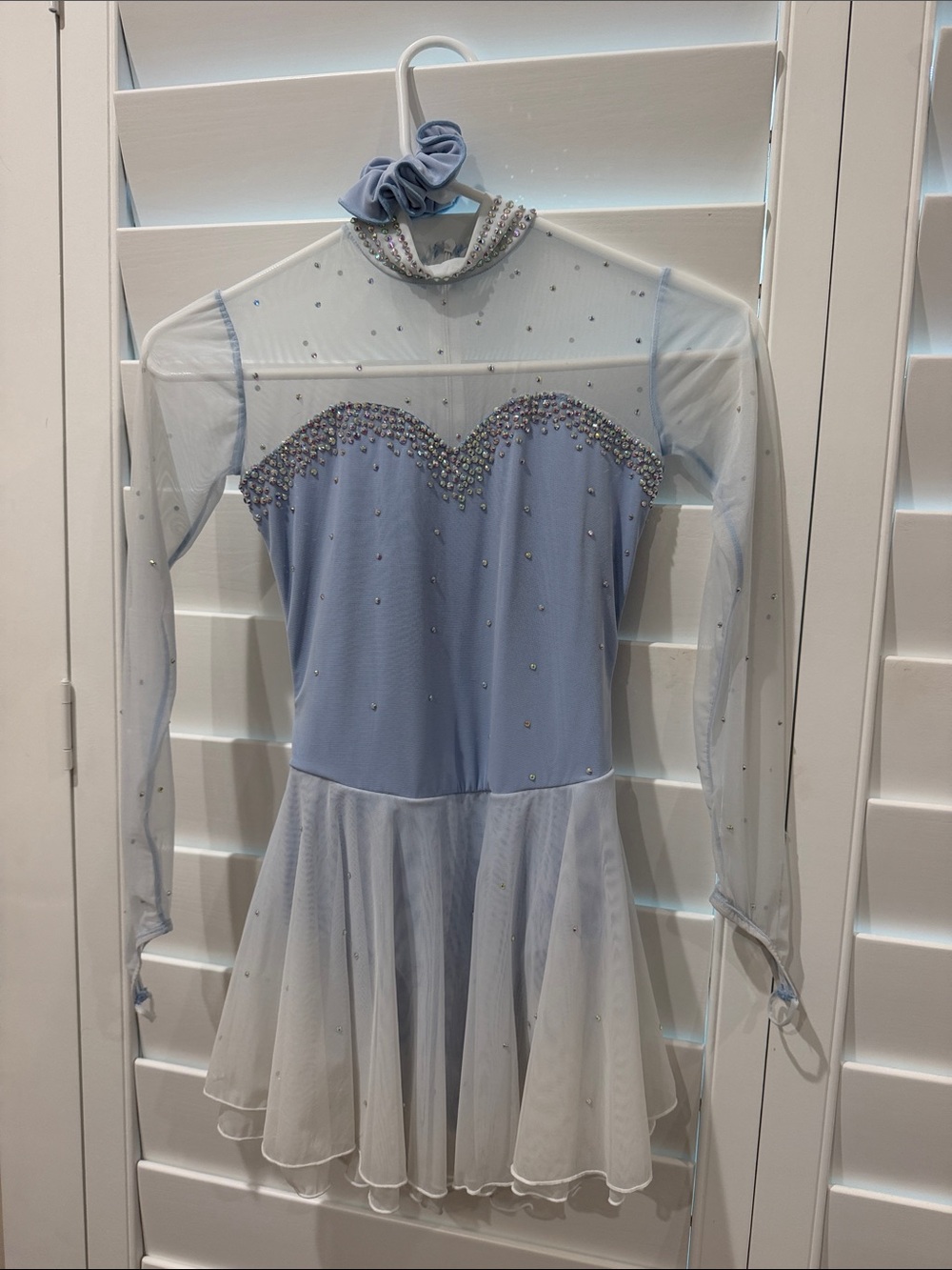 Girls Light Blue Long-Sleeve Figure Skating Dress with Rhinestones size medium